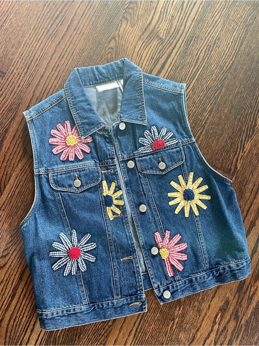Susan Bristol Denim Vest with Colorful Daisy Appliqués - Blue